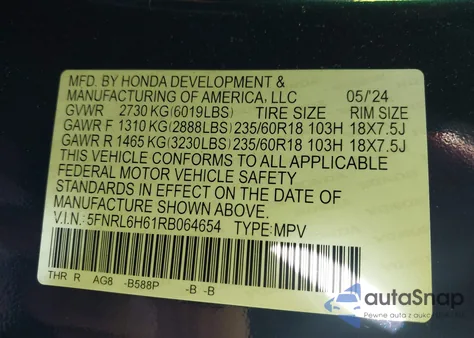 2024 Honda Odyssey Ex-L z USA, uszkodzony, nr VIN 5FNRL6H61RB064654